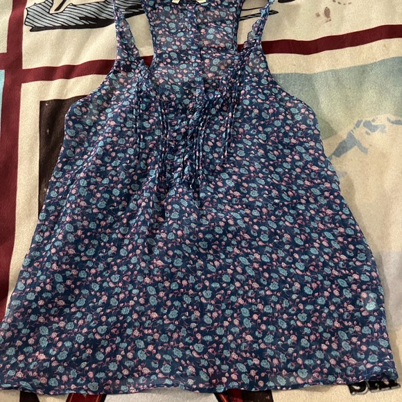 American Eagle Outfitters Tops - AMERICAN EAGLE Ditsy Floral Blue Ruffle Henley Sleeveless Semi Sheer Blouse 0